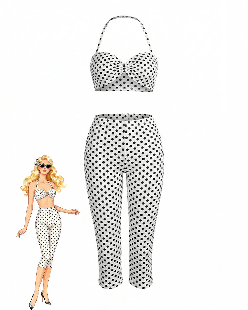 Polka Dot Halter Crop Top and High Waisted Capri Pants Set