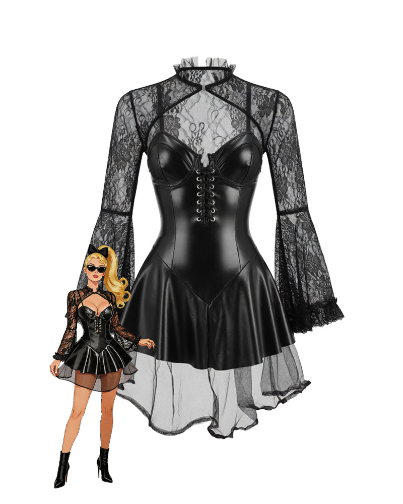 Faux Leather Corset Mini Dress with Long Sleeve Lace Shrug