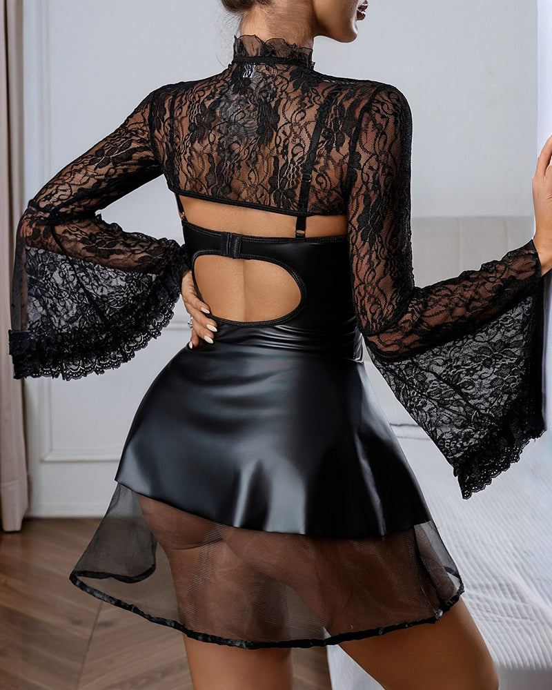Faux Leather Corset Mini Dress with Long Sleeve Lace Shrug