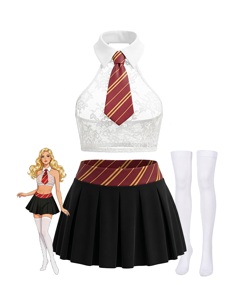 Schoolgirl Lace Halter Crop Top & Pleated Mini Skirt Set with Stockings