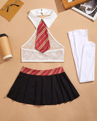Schoolgirl Lace Halter Crop Top & Pleated Mini Skirt Set with Stockings