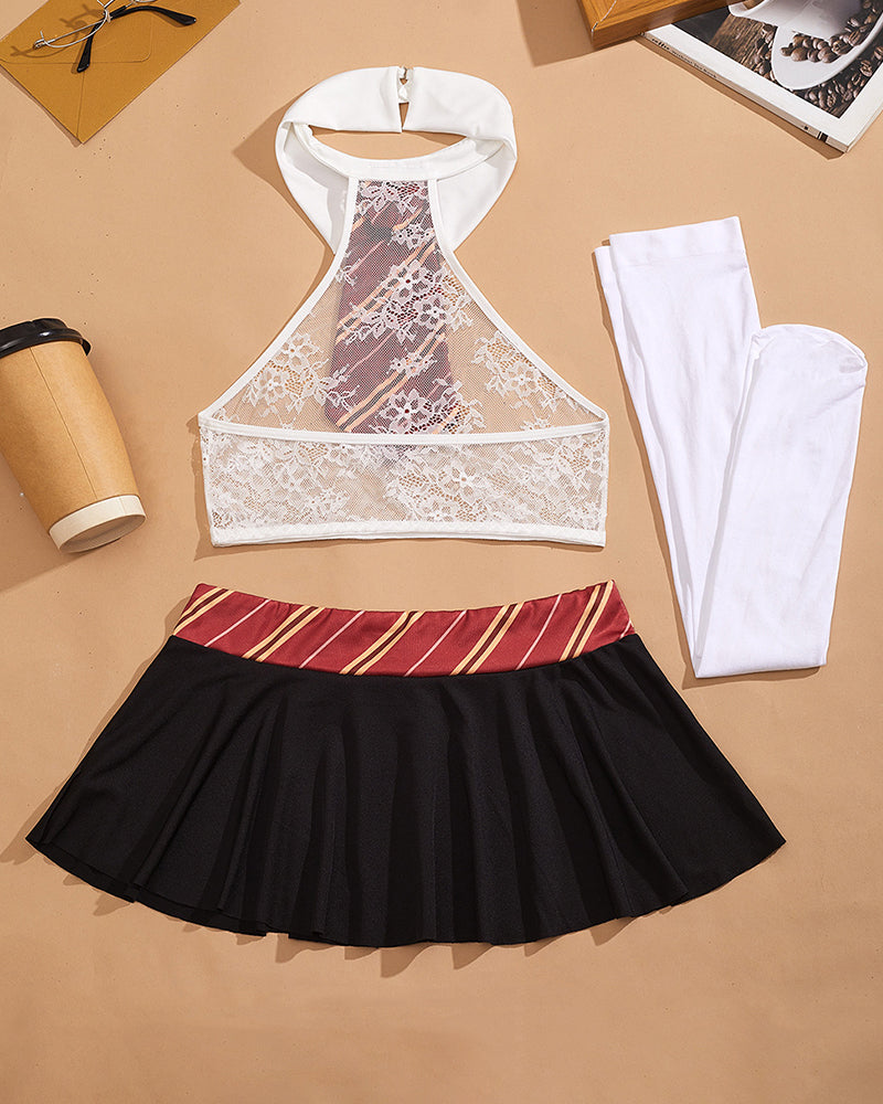 Schoolgirl Lace Halter Crop Top & Pleated Mini Skirt Set with Stockings
