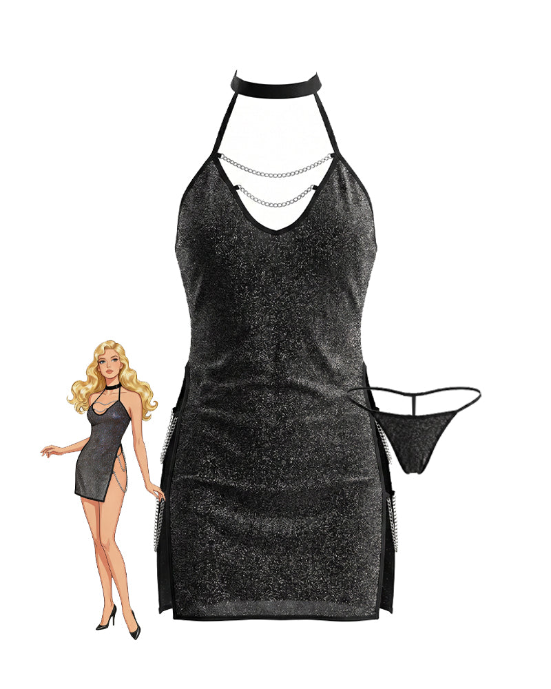 Sparkly Glitter Halter Chain Mini Dress with Thong