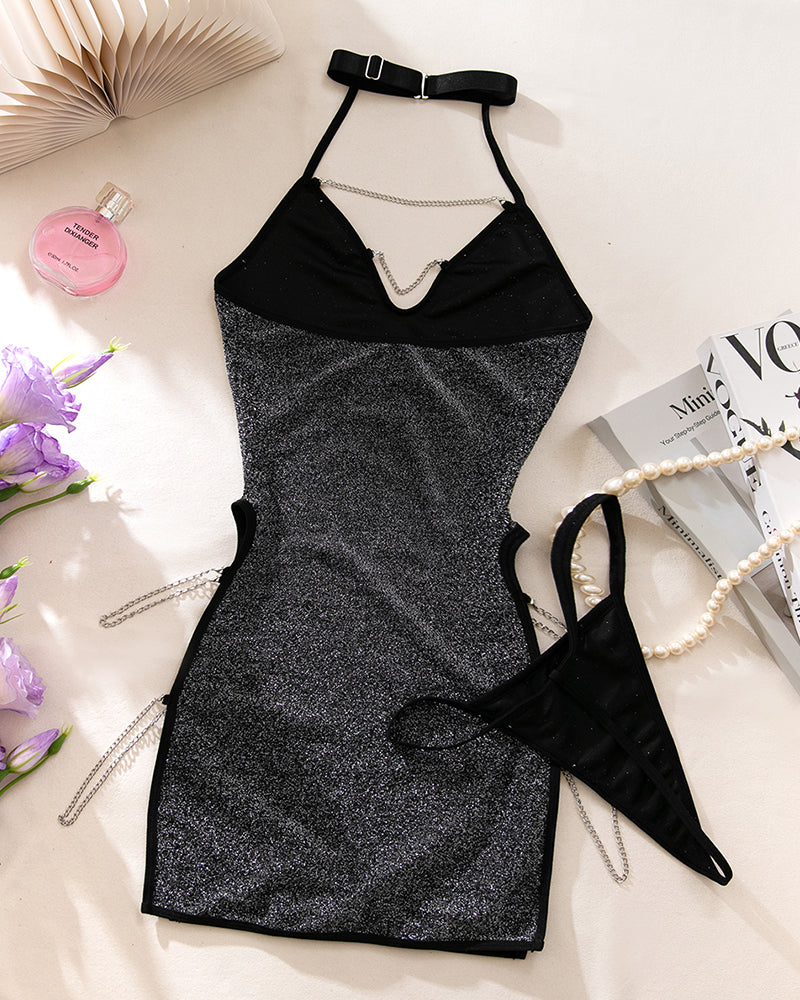 Sparkly Glitter Halter Chain Mini Dress with Thong