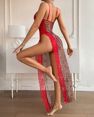 Leopard Print Sheer Maxi Slip Dress with Red Lace & Thong