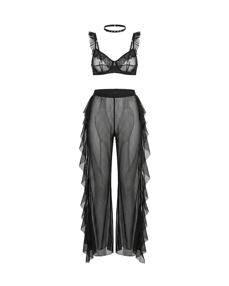 Sheer Ruffle Lace Bralette & Mesh Pants Set with Choker