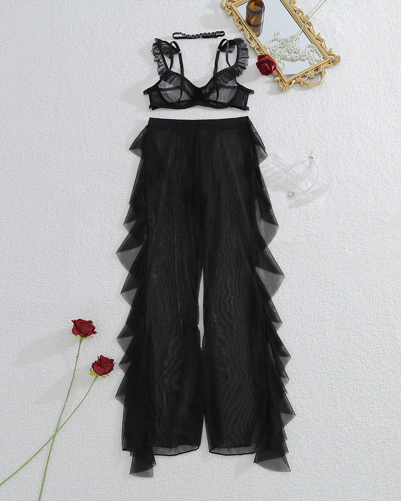 Sheer Ruffle Lace Bralette & Mesh Pants Set with Choker