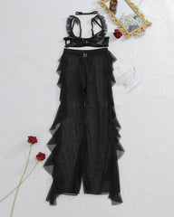 Sheer Ruffle Lace Bralette & Mesh Pants Set with Choker