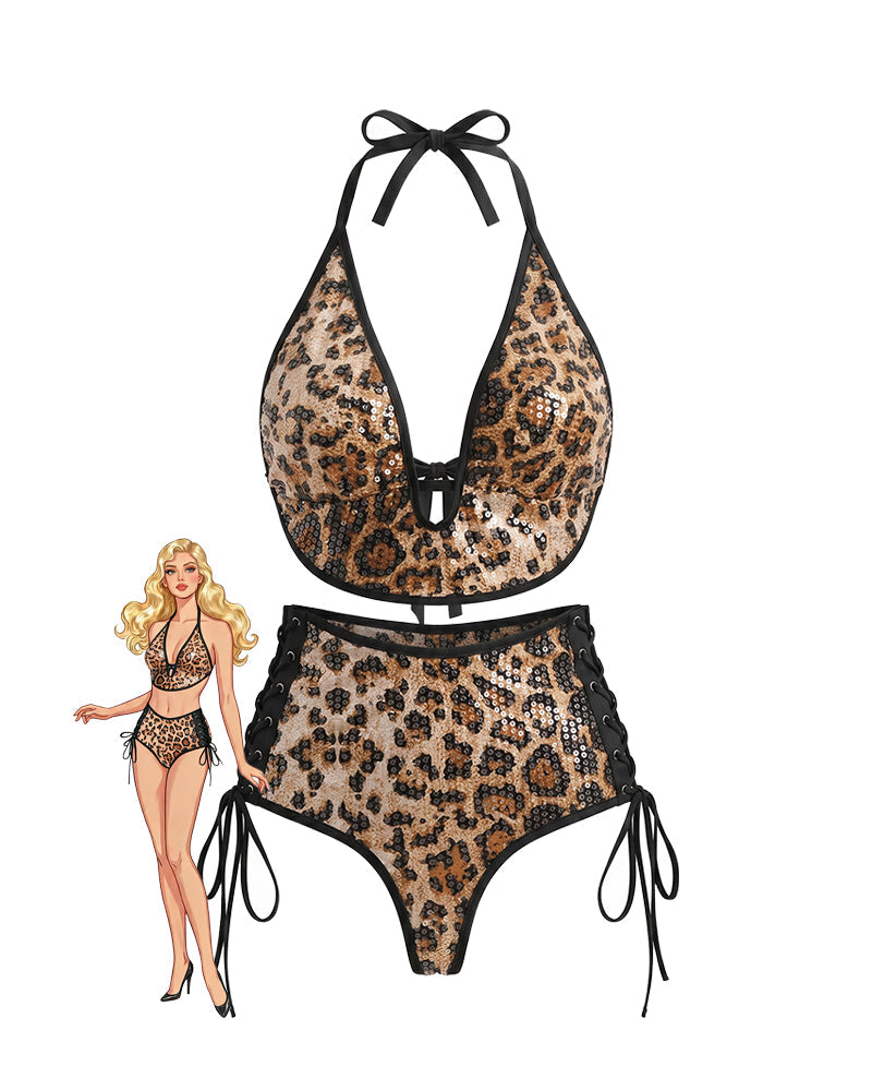 Leopard Sequin Halter Bikini Top & Lace-Up Bottoms Set