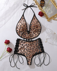 Leopard Sequin Halter Bikini Top & Lace-Up Bottoms Set
