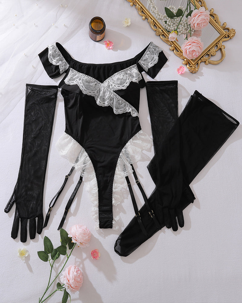 Off-Shoulder Lace Maid Bodysuit with Sheer Gloves & Garter Stockings