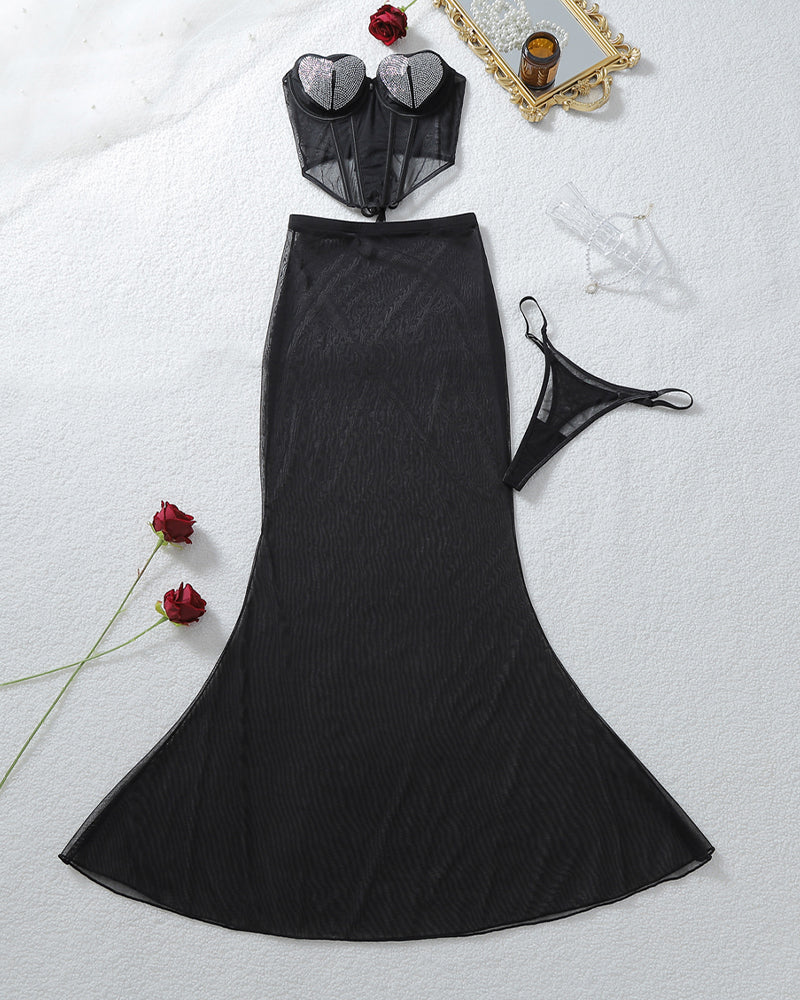 Heart Rhinestone Corset Top & Sheer Mesh Mermaid Skirt Set with Thong