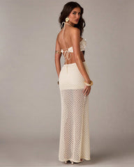 Sequin Crochet Halter Maxi Dress - Cutout Sheer Open Knit Boho Beach Cover Up