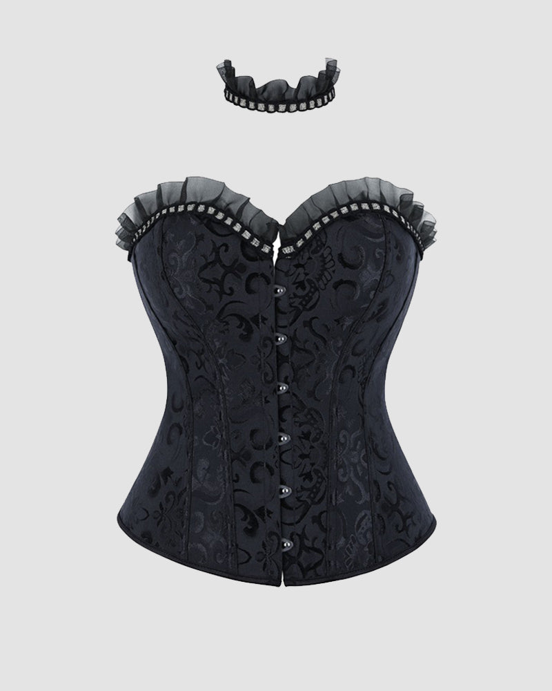 Lace-Up Corset Top with Choker - Gothic Victorian Ruffled Strapless Bustier