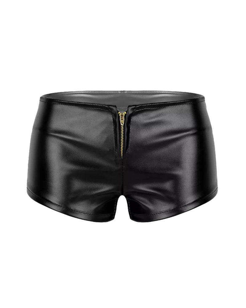 High Waisted Faux Leather Zipper Mini Shorts