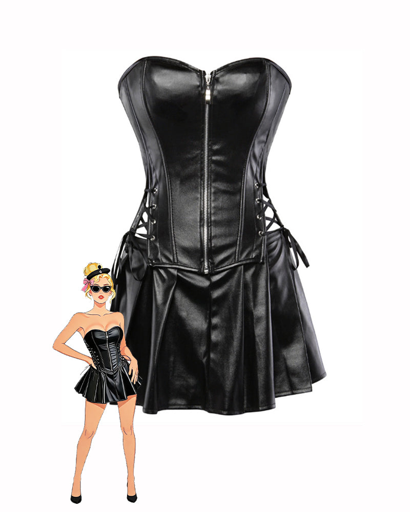 Faux Leather Strapless Corset Top Pleated Mini Skirt Set