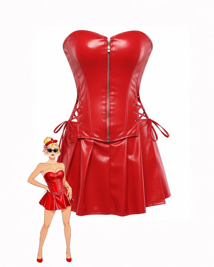 Faux Leather Strapless Corset Top Pleated Mini Skirt Set