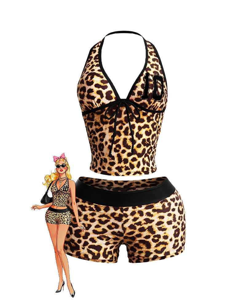 Leopard Print Halter Crop Top & High Waisted Shorts Set