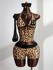 Leopard Print Halter Crop Top & High Waisted Shorts Set