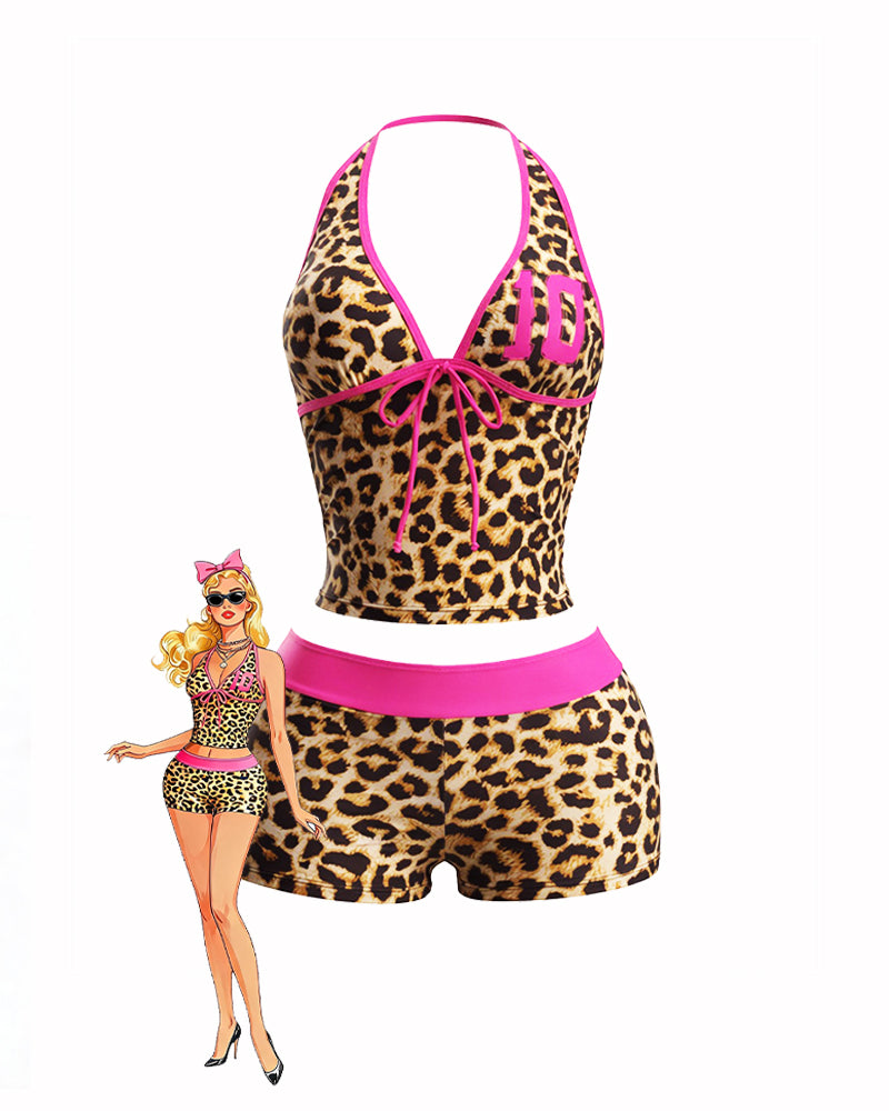 Leopard Print Halter Crop Top & High Waisted Shorts Set