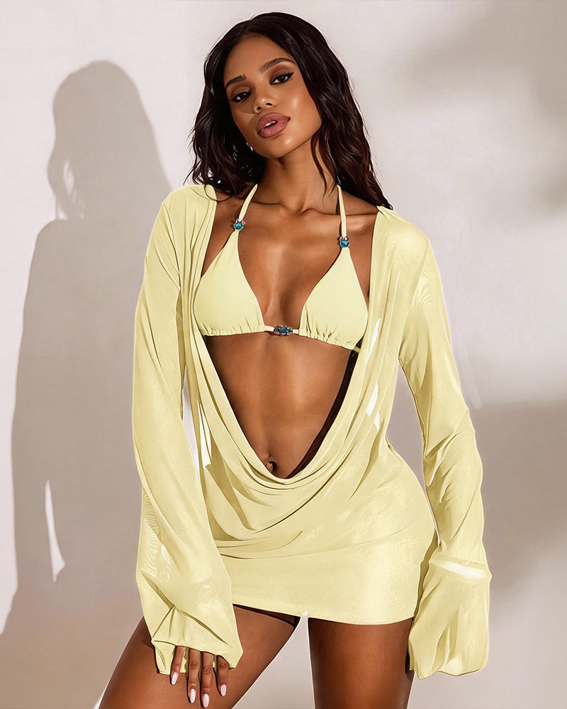 Sheer Long Sleeve Bikini Set with Draped Cover Up