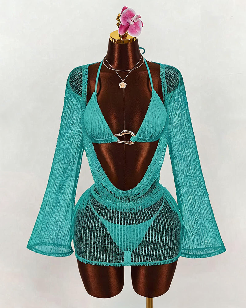 Sheer Crochet Bikini Set with Long Sleeve Cover Up