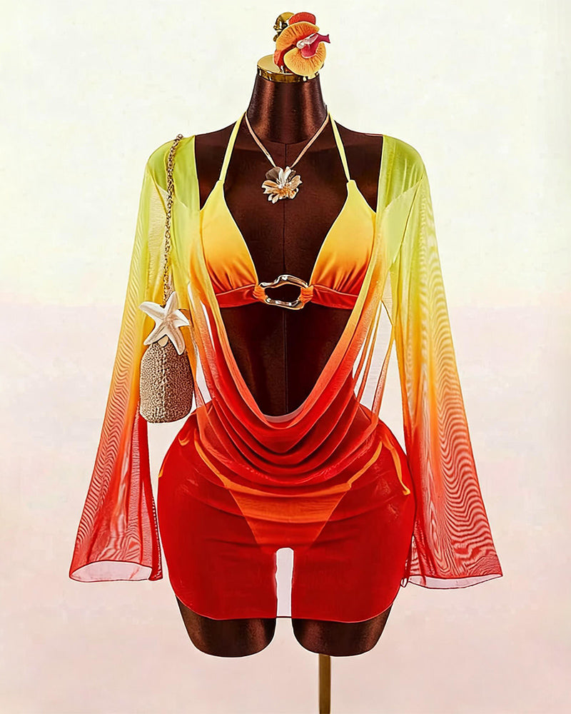 Sheer Crochet Bikini Set with Long Sleeve Cover Up
