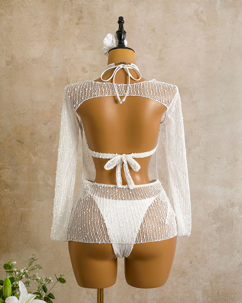 Sheer Crochet Bikini Set with Long Sleeve Cover Up