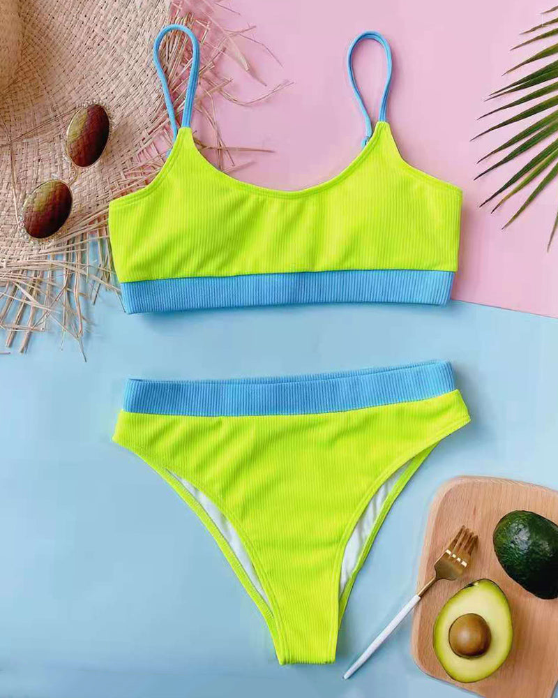 Ribbed Crop Bikini Set - High Waisted Two Piece Swim
