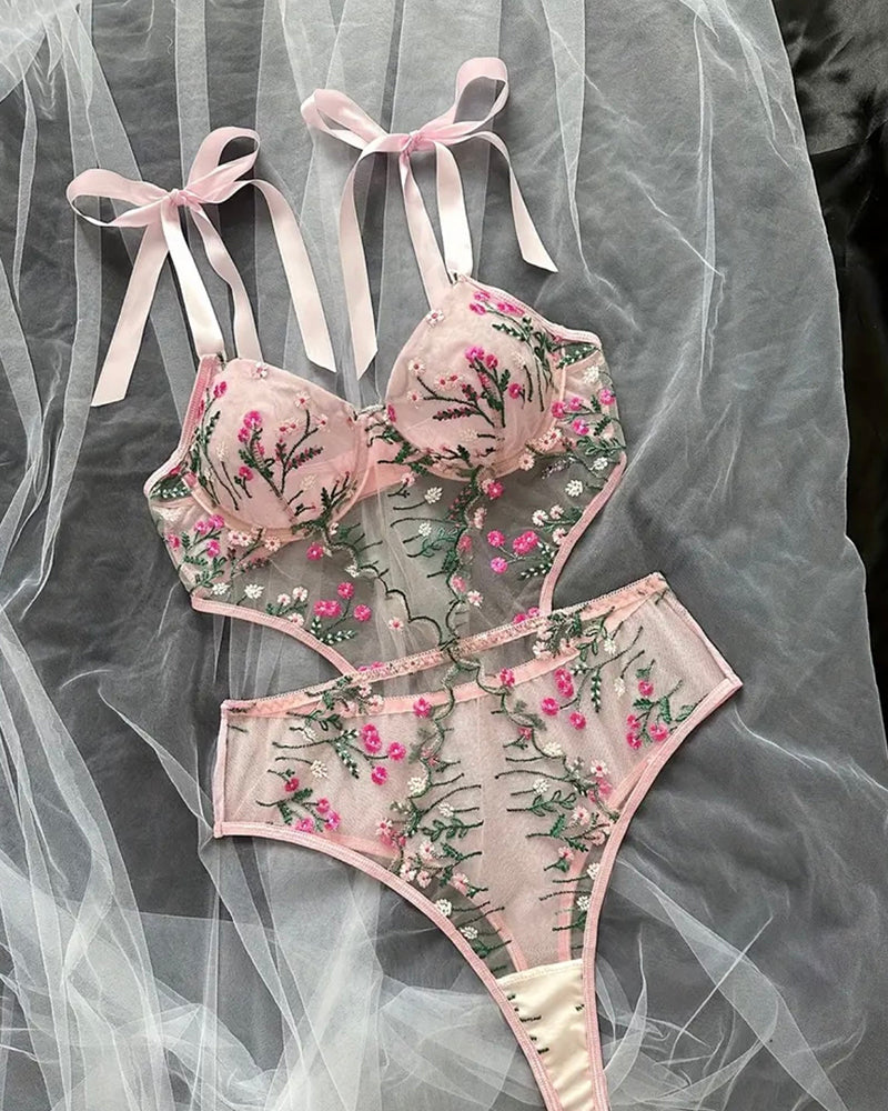 Floral Embroidered Sheer Bodysuit Plunge Underwire Teddy