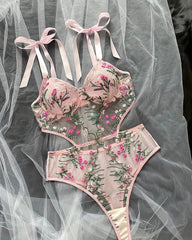 Floral Embroidered Sheer Bodysuit Plunge Underwire Teddy