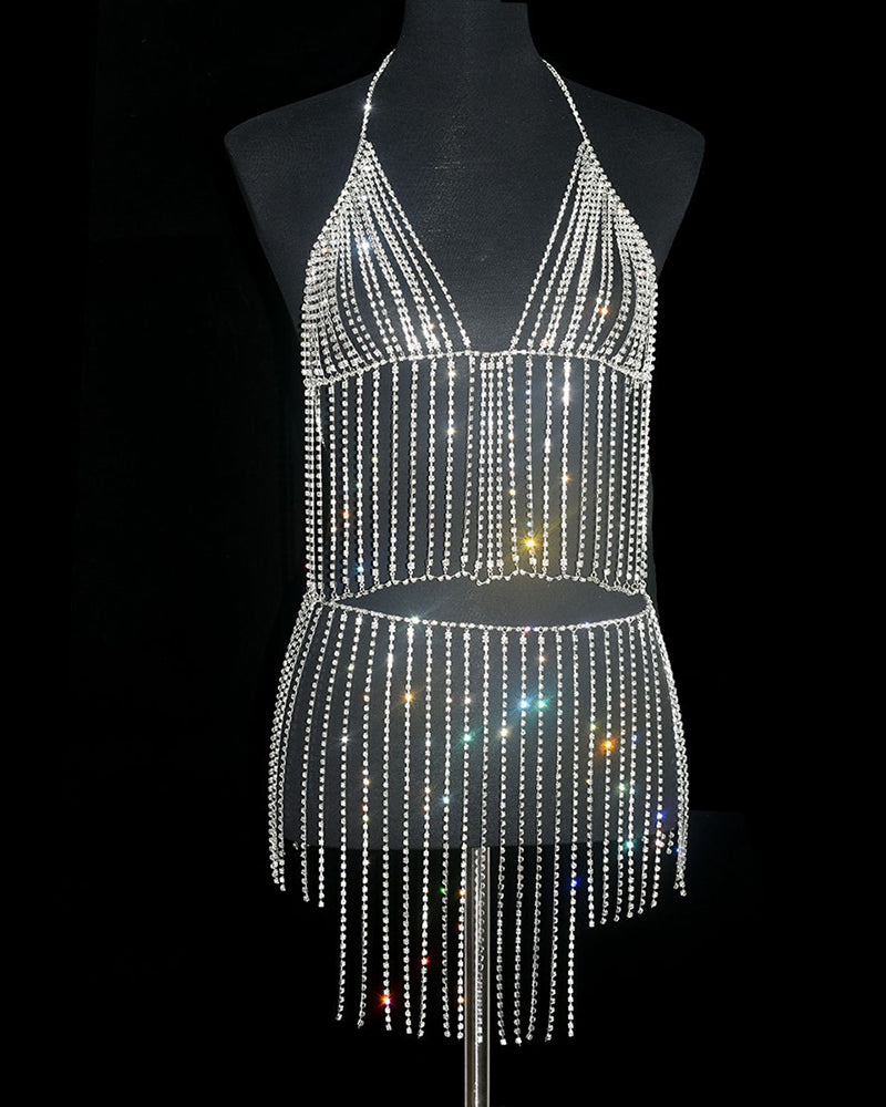 Silver Rhinestone Fringe Lingerie Set - Sexy Halter Tassel Crop Top & Mini Skirt