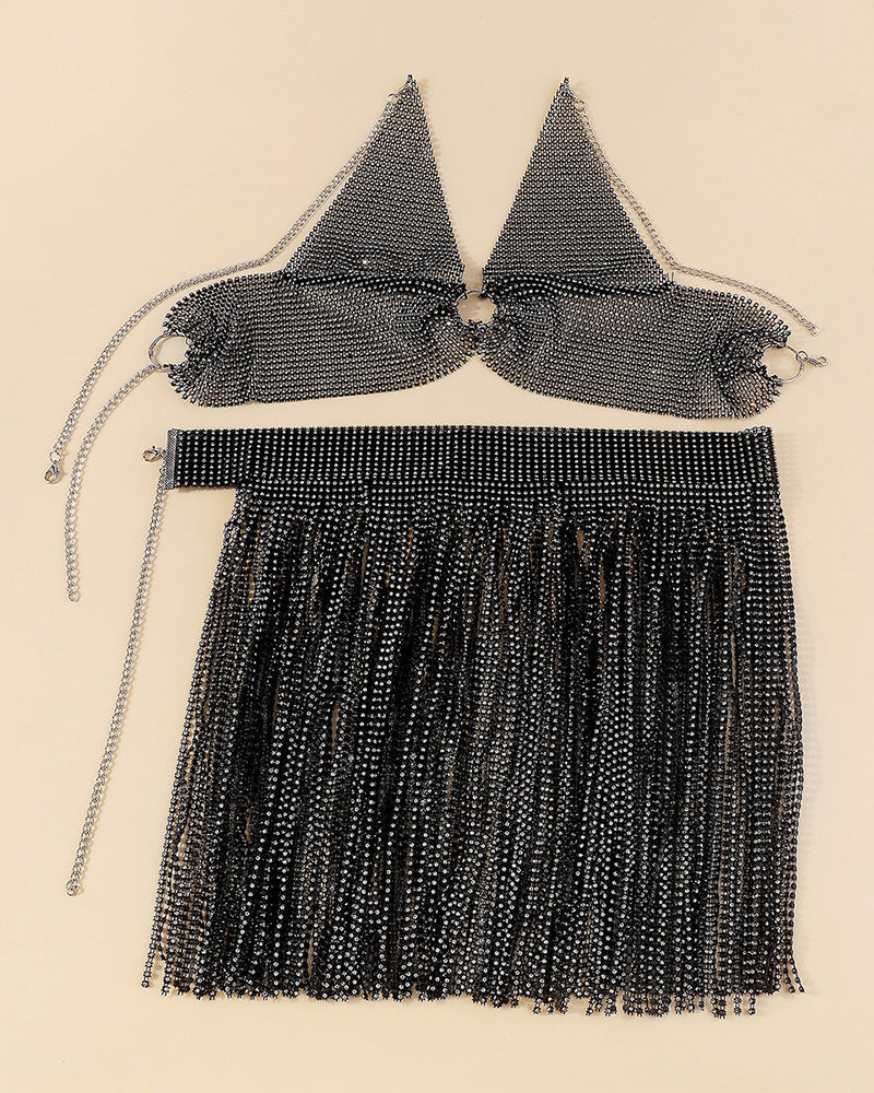 Rhinestone Fringe Lingerie Set - Sexy O-Ring Halter Crop Top & Tassel Mini Skirt