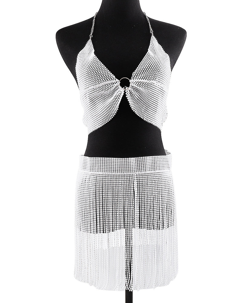 Rhinestone Fringe Lingerie Set - Sexy O-Ring Halter Crop Top & Tassel Mini Skirt