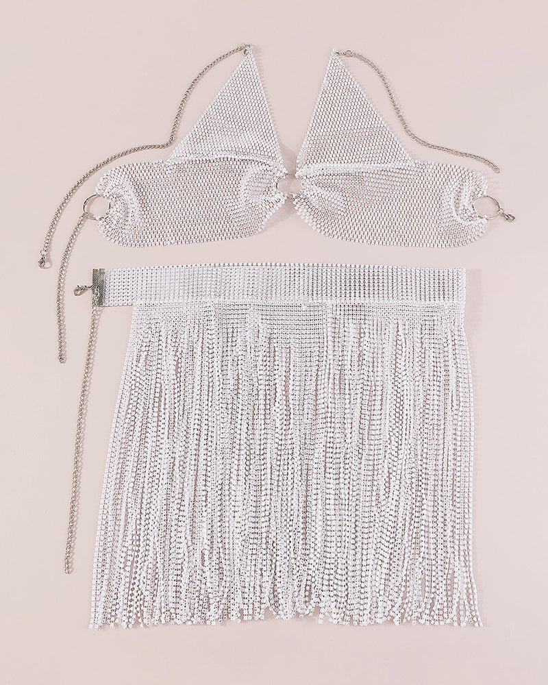 Rhinestone Fringe Lingerie Set - Sexy O-Ring Halter Crop Top & Tassel Mini Skirt
