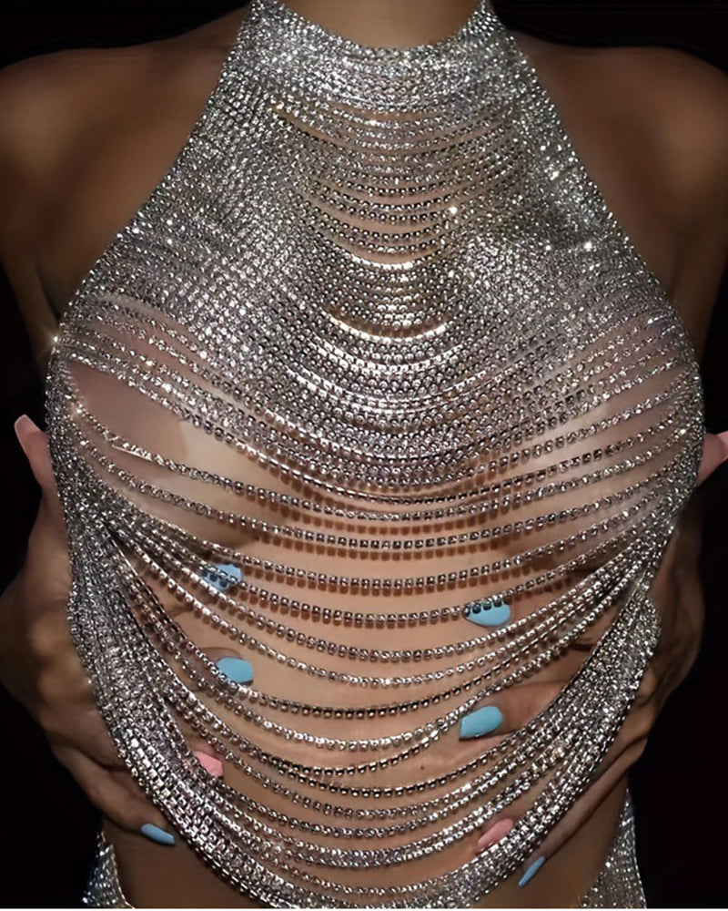 Multi-Layer Rhinestone Fringe Halter Top - Sexy Sparkly Chain