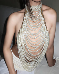 Multi-Layer Pearl Halter Top - Sexy Cascading Pearl Fringe Crop Top