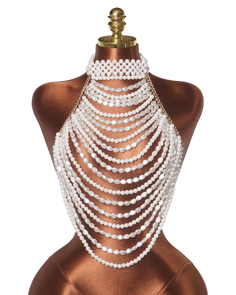 Multi-Layer Pearl Halter Top - Sexy Cascading Pearl Fringe Crop Top