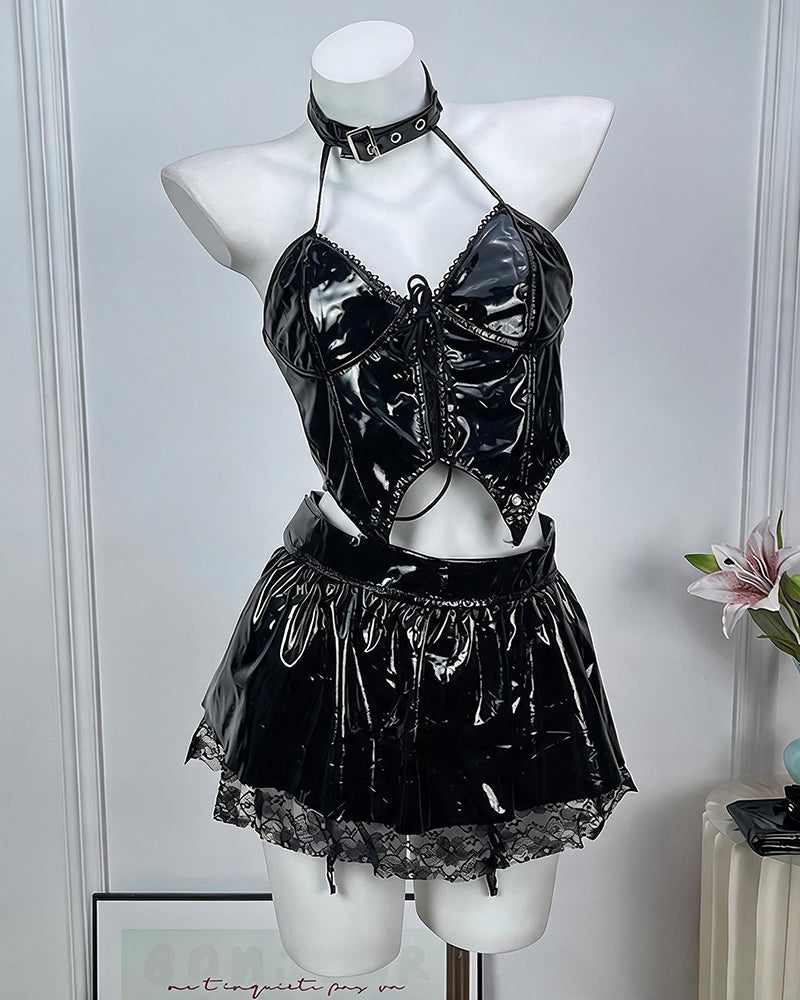 Leather Lingerie Set Halter Cutout Crop Top & Mini Skirt with Choker