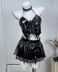Leather Lingerie Set Halter Cutout Crop Top & Mini Skirt with Choker