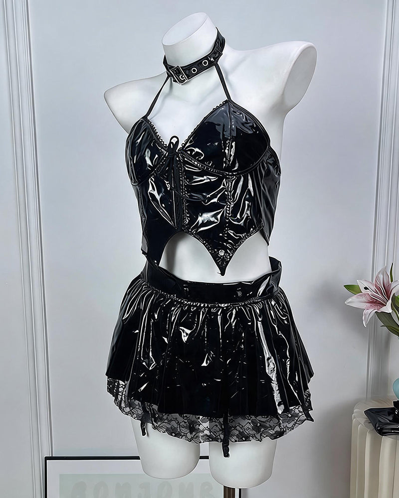 Leather Lingerie Set Halter Cutout Crop Top & Mini Skirt with Choker