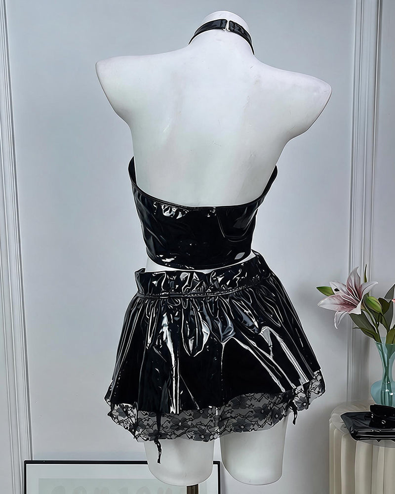 Leather Lingerie Set Halter Cutout Crop Top & Mini Skirt with Choker