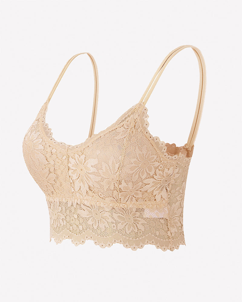 Floral Lace Bralette Crop Top - Wireless Spaghetti Strap Lace Bra