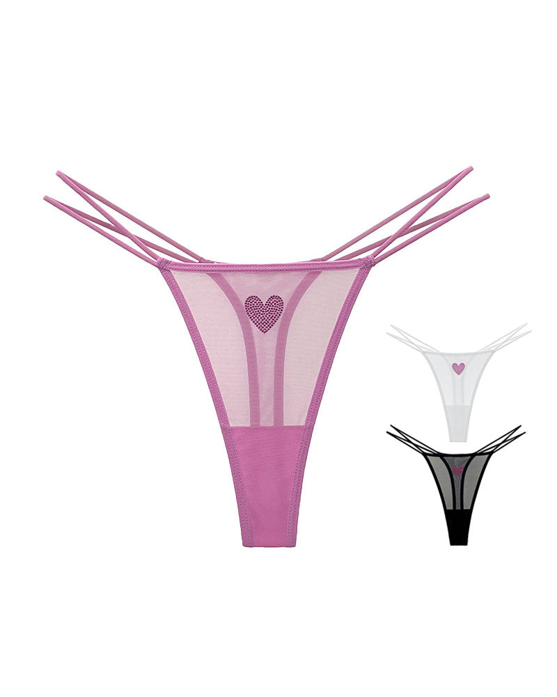 Sheer Mesh Rhinestone Heart Thong - Sexy Multi-Strap Low Rise Panties