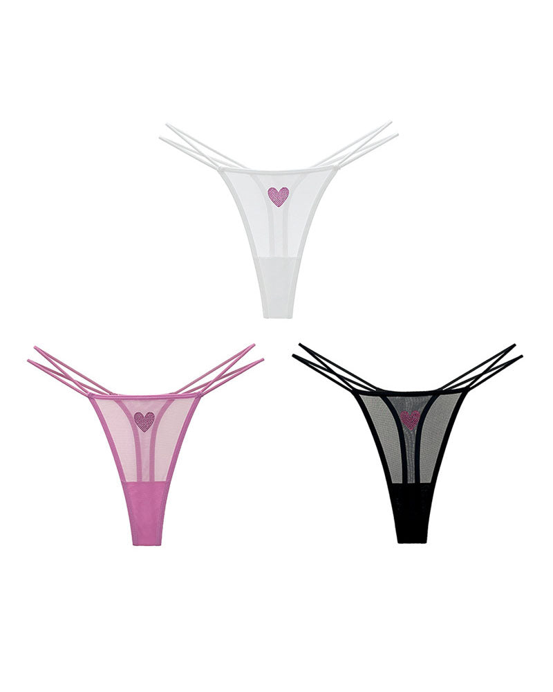 Sheer Mesh Rhinestone Heart Thong - Sexy Multi-Strap Low Rise Panties
