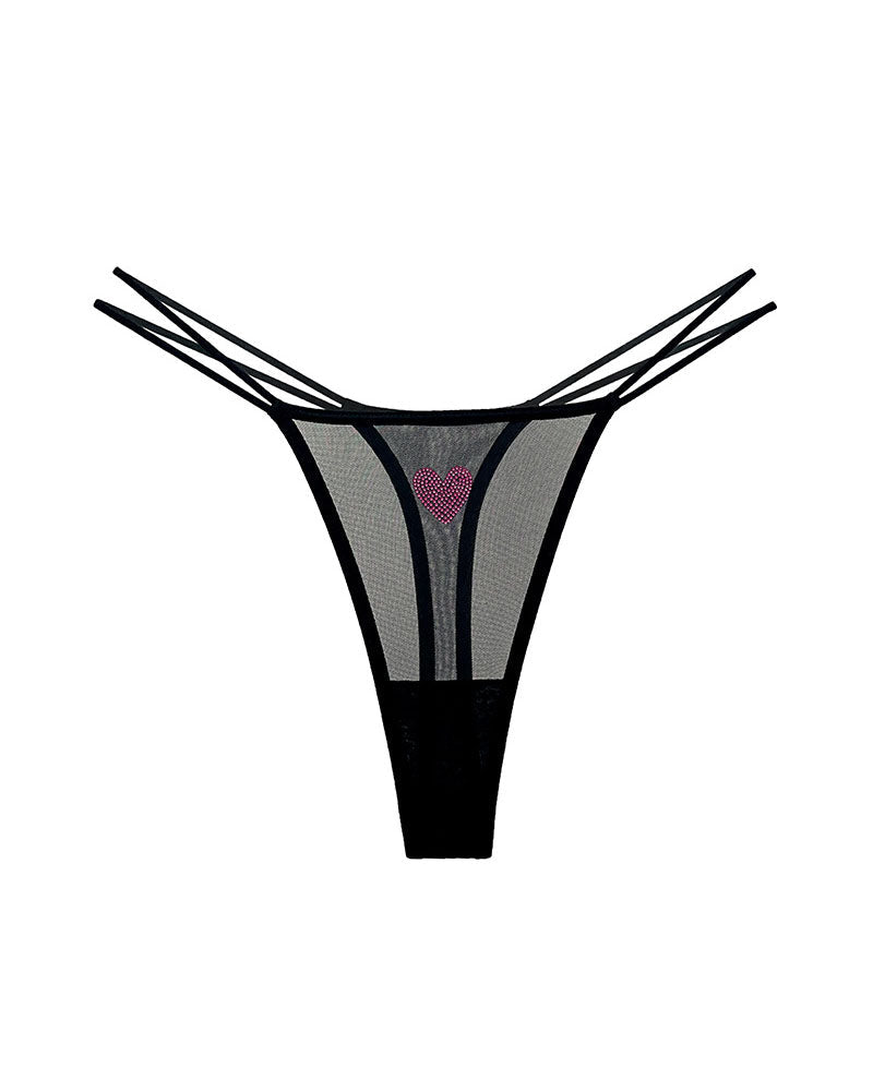 Sheer Mesh Rhinestone Heart Thong - Sexy Multi-Strap Low Rise Panties