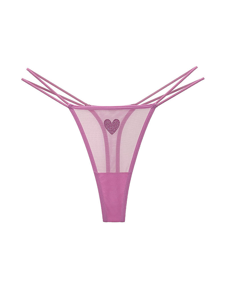 Sheer Mesh Rhinestone Heart Thong - Sexy Multi-Strap Low Rise Panties