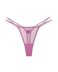 Sheer Mesh Rhinestone Heart Thong - Sexy Multi-Strap Low Rise Panties