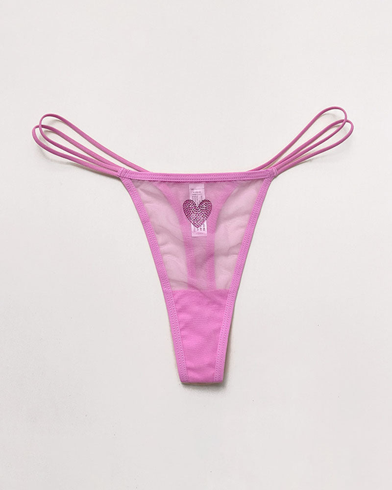 Sheer Mesh Rhinestone Heart Thong - Sexy Multi-Strap Low Rise Panties