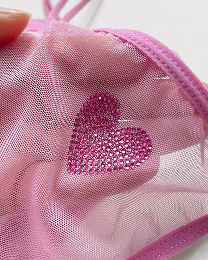 Sheer Mesh Rhinestone Heart Thong - Sexy Multi-Strap Low Rise Panties